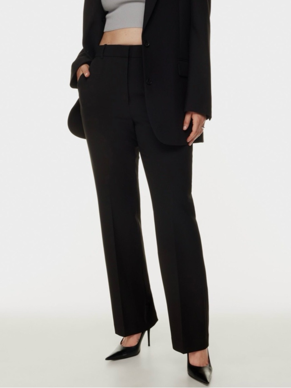 Aritzia BABATON Black Publish Suit Pants Size 6 Black High Rise Bootcut Pockets
